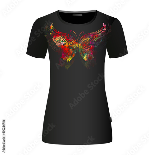The abstract butterfly is multicolored. T-shirt print. Mixed media. Vector illustration