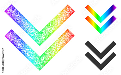 Spectrum colorful crossing mesh shift down, and solid spectrum gradient shift down icon. Crossed carcass flat net geometric image based on shift down icon, is created with crossing lines.