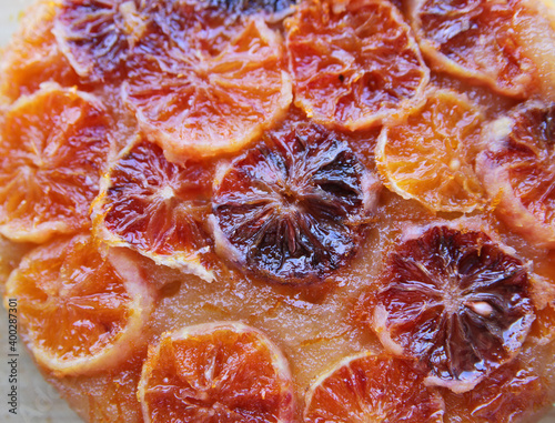 Sugar-cured sliced blood orange circles on top of the pie.