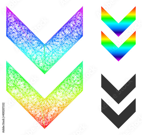 Spectral vibrant network shift down, and solid spectral gradient shift down icon. Wire frame flat network geometric symbol based on shift down icon, is generated with crossed lines.