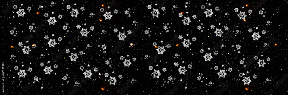 Widescreen black background with snow and snowflakes overlay, Banner, winter concept Widescreen black background with snow and snowflakes overlay, Banner, winter concept