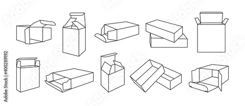 Template black line box set. Outline product packaging gift boxes collection. Opened, closed paper package. Blank contour cardboard for design or branding. Vector illustration
