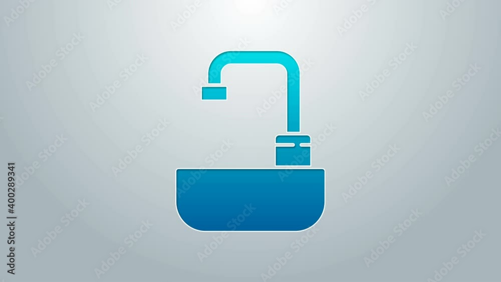 Blue line Washbasin with water tap icon isolated on grey background. 4K Video motion graphic animation Blue line Washbasin with water tap icon isolated on grey background. 4K Video motion graphic animation