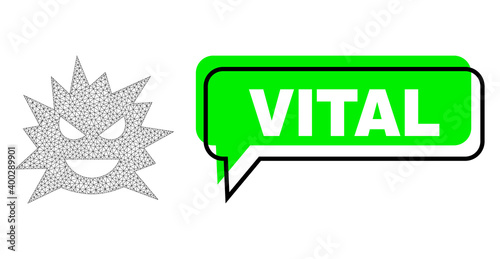 Shifted Vital green text frame and virus cell wireframe model. Vector flat virus cell, built from triangular grid. Green conversation has Vital text inside black frame, and colored banner.