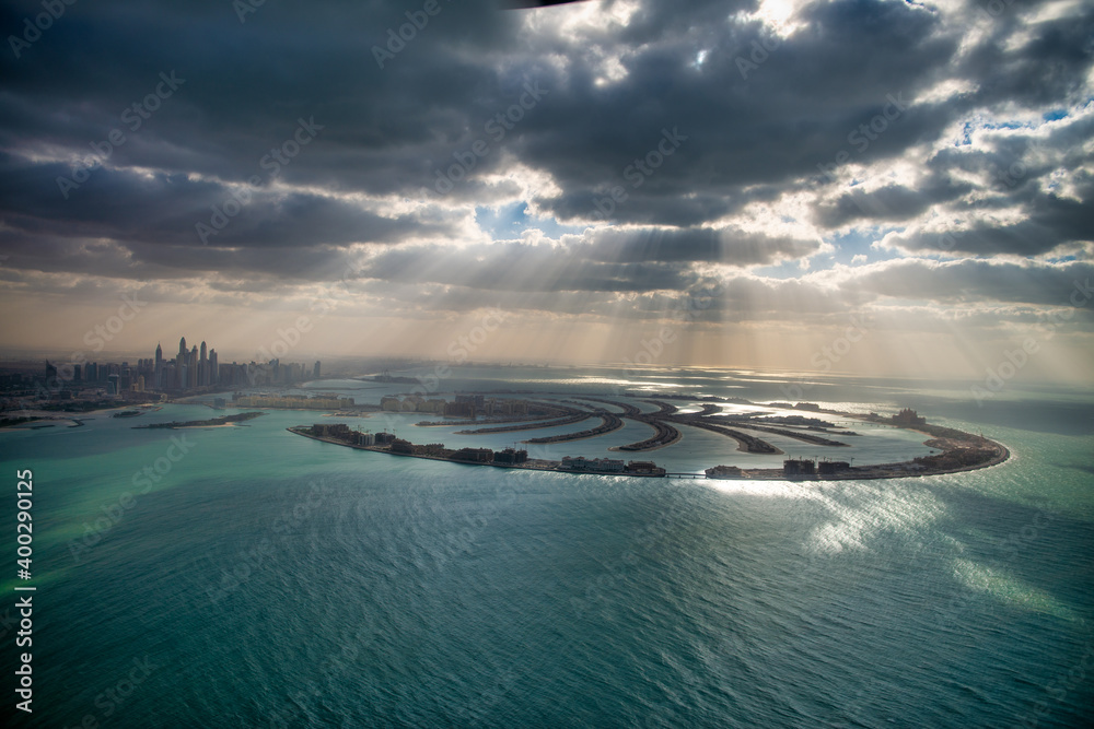 Aerial view of Palm Jumeirah Island at dusk, Dubai Aerial view of Palm Jumeirah Island at dusk, Dubai