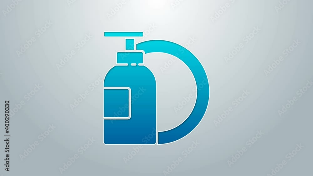 Blue line Dishwashing liquid bottle and plate icon isolated on grey background. Liquid detergent for washing dishes. 4K Video motion graphic animation Blue line Dishwashing liquid bottle and plate icon isolated on grey background. Liquid detergent for washing dishes. 4K Video motion graphic animation