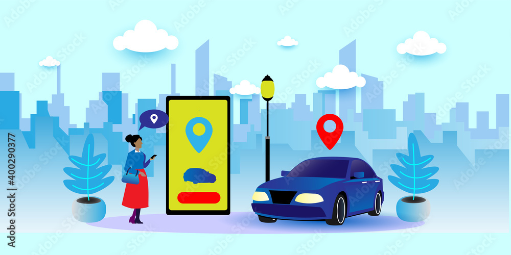Naklejka premium Vector illustration of autonomous online car sharing service controlled via smartphone app.I solated connected vehicle remote parking.