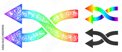 Spectrum colored net shuffle arrows left, and solid spectrum gradient shuffle arrows left icon. Hatched carcass flat net abstract image based on shuffle arrows left icon, created with crossing lines.