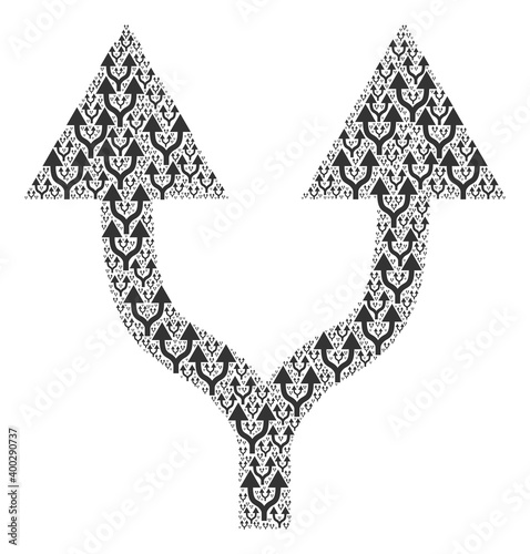 Repeating collage for split arrows up. Flat vector split arrows up collage is formed of repeating self split arrows up elements.