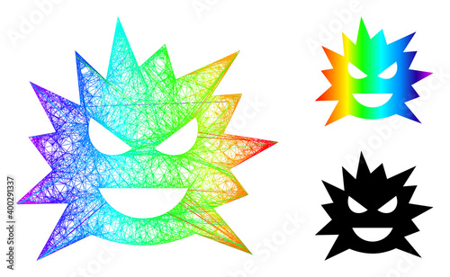 Spectral vibrant crossing mesh virus cell, and solid spectral gradient virus cell icon. Hatched frame flat network geometric image based on virus cell icon, is created from crossing lines.