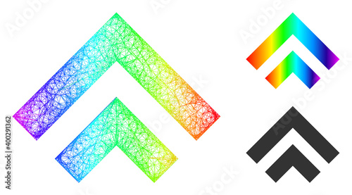 Spectral colored wire frame shift up, and solid spectral gradient shift up icon. Crossed frame flat net geometric symbol based on shift up icon, is made from crossing lines.