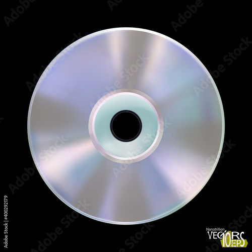 Realistic compact disk or laser disc, isolated on black background. CD mockup. Information carrier. Media technology. Musical album. Vector illustration