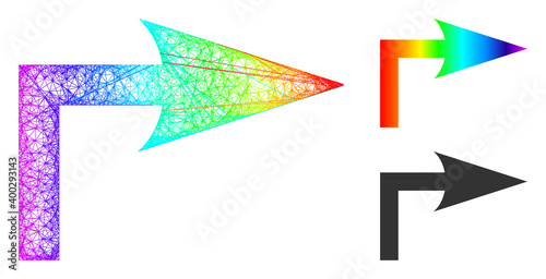 Spectrum vibrant network turn right, and solid spectrum gradient turn right icon. Wire carcass flat network abstract image based on turn right icon, made from intersected lines.