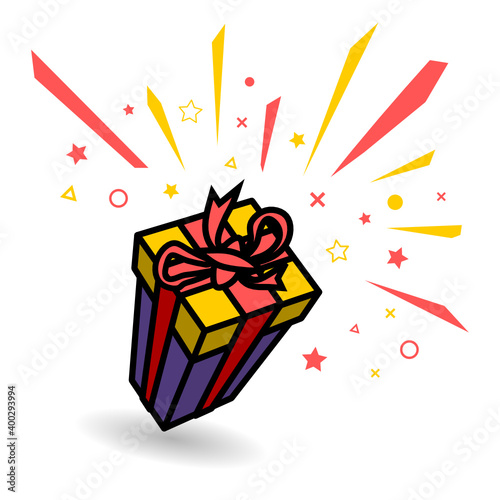 Wonder gift with confetti illustration, delight present, surprise gift box, special give away package, loyalty program reward