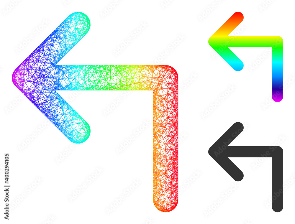 Rainbow colorful net turn left, and solid rainbow gradient turn left icon. Linear carcass 2D net geometric image based on turn left icon, made with intersected lines. Rainbow colorful net turn left, and solid rainbow gradient turn left icon. Linear carcass 2D net geometric image based on turn left icon, made with intersected lines.
