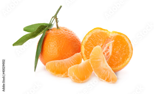 Fresh ripe tangerines on white background. Citrus fruit
