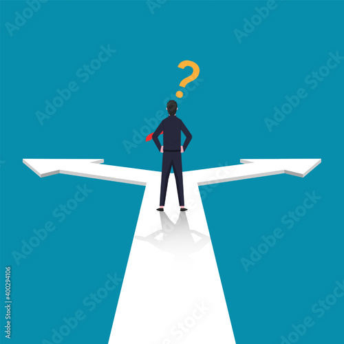 Confused businessman standing at cross road symbol. Business choice vector illustration. photo