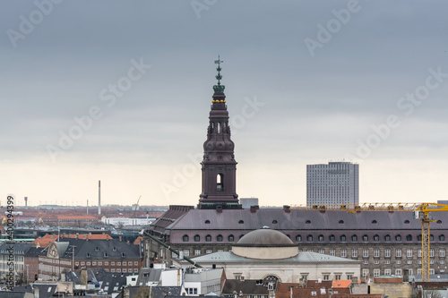 Aerial view of old downtown of Copenhagen City from the The Round Tower  Rundetaarn    and Christiansborg Palace  a palace and government building on the islet of Slotsholmen in central Copenhagen