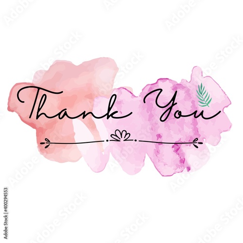 "Thank You' word with small green leaf in frame on pink paint colors background