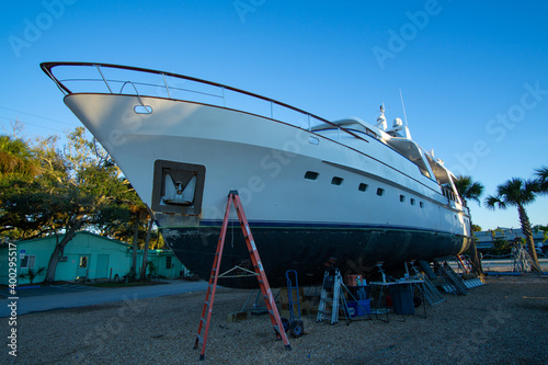 Yacht on stilts sitting in a Florida marina