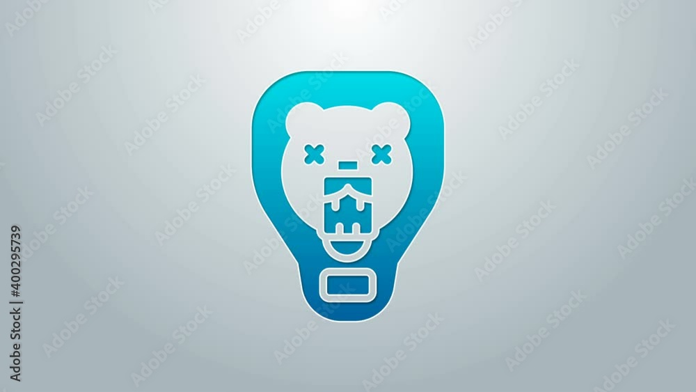 Blue line Bear head on shield icon isolated on grey background. Hunting trophy on wall. 4K Video motion graphic animation