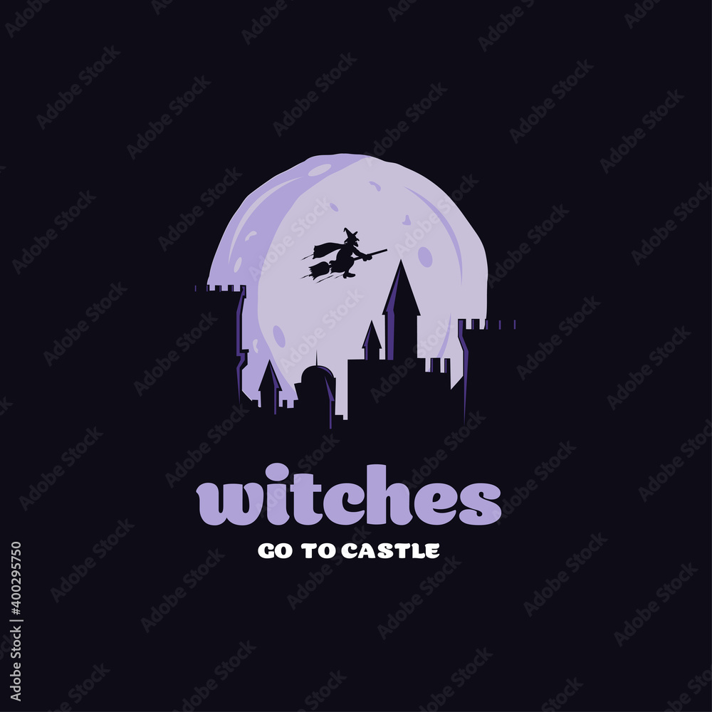Halloween witch on a broomstick flying over a creepy mansion at night