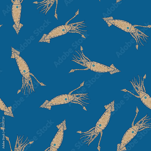Seamless minimalistic pattern with beige squid ornament. Blue bright background. Nature print.