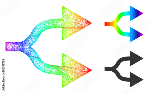 Spectral colorful net mesh split arrows right, and solid spectral gradient split arrows right icon. Hatched carcass 2D net abstract symbol based on split arrows right icon,