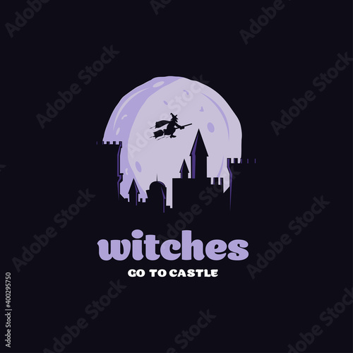 Halloween witch on a broomstick flying over a creepy mansion at night
