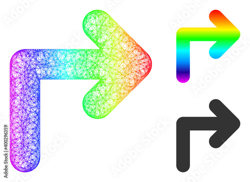 Spectral vibrant wire frame turn right, and solid spectral gradient turn right icon. Hatched frame 2D network geometric symbol based on turn right icon, made with intersected lines.