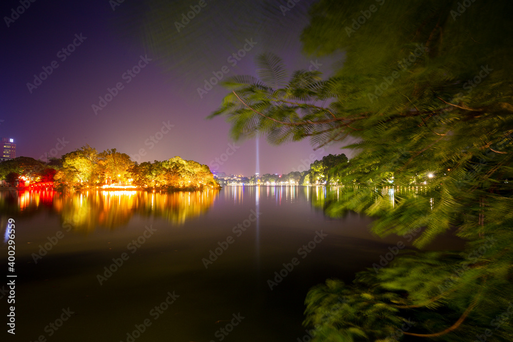 The beauty of Ngoc Son Temple and The Huc Bridge at night at Hoan Kiem Lake, Ha Noi, Viet Nam.