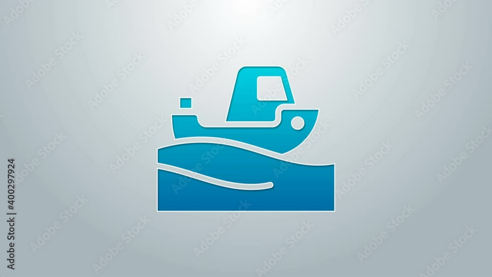 Blue line Fishing boat on water icon isolated on grey background. 4K Video motion graphic animation Blue line Fishing boat on water icon isolated on grey background. 4K Video motion graphic animation