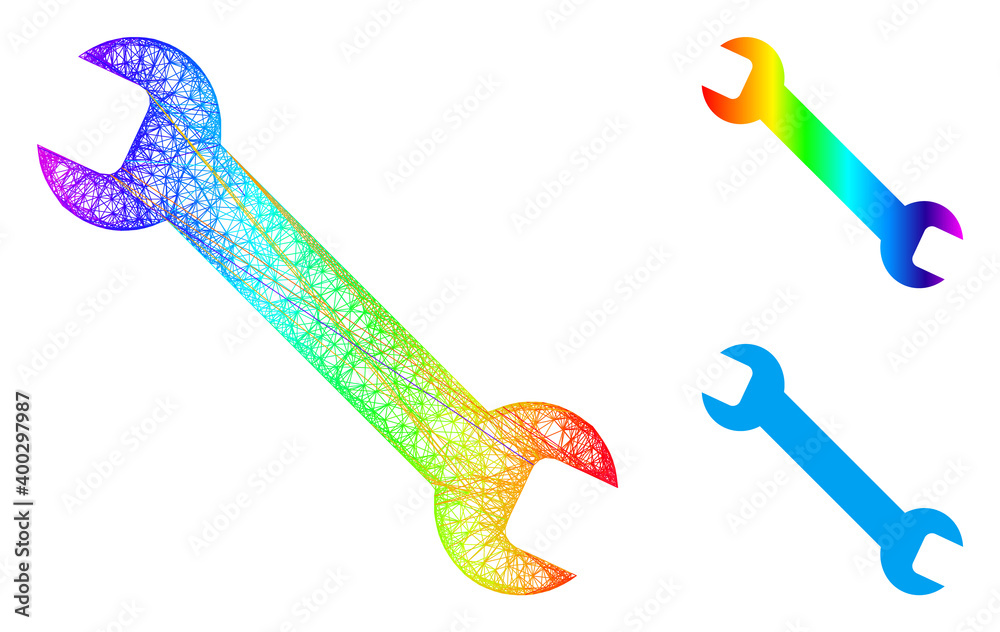 Naklejka premium Spectrum vibrant network wrench, and solid spectrum gradient wrench icon. Hatched frame flat network geometric symbol based on wrench icon, is generated with intersected lines.