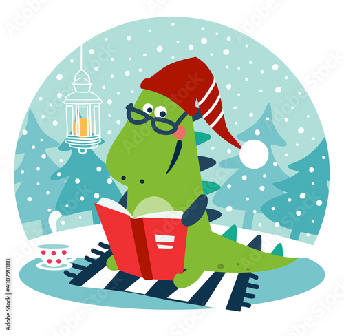Cute winter holiday illustration with funny tyrannosaur. Christmas and Happy Holidays vector card. Cute dinosaur reads a book