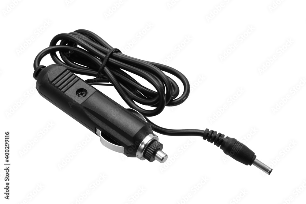 Black car charger with output connection cable. Black car charger with output connection cable.