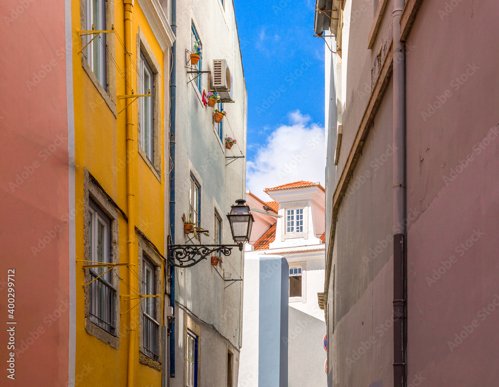 Typical Portuguese architecture and colorful buildings of Lisbon historic city center