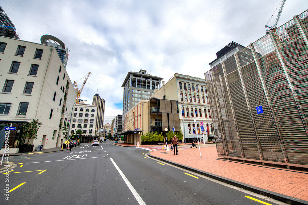AUCKLAND, NZ - AUGUST 27, 2018: Downtown city streets and buildings on a cloudy morning