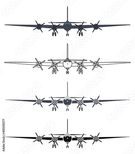 B29 superfortress airplane, front view.