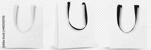 Cotton bag mockup, Textile tote bag for shopping mockup. Vector illustration isolated on white background.