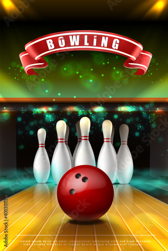 3d realistic vector  banner of bowling game with red ball  on the lane and white skittles in neon smoke.