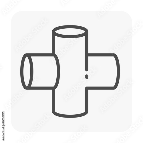 PVC plastic pipe fitting or pipe connector vector icon. 4-way cross. Consist of slip socket opening 4 end. Part for connection pipe to DIY built frame structure  to support table, shelf or furniture.