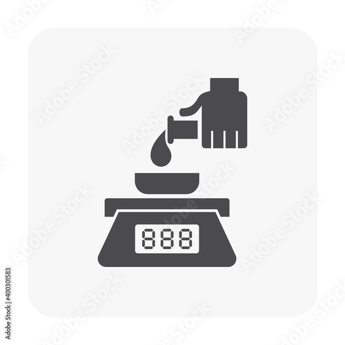 Pharmaceutical production industry or lab test vector icon. Process of weighing substrate consist of balance scale or measurement weigh equipment, liquid or chemical drop, test tube, scientist hand.