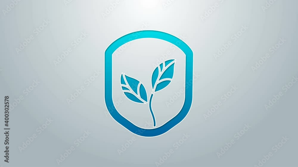 Blue line Shield with leaf icon isolated on grey background. Eco-friendly security shield with leaf. 4K Video motion graphic animation Blue line Shield with leaf icon isolated on grey background. Eco-friendly security shield with leaf. 4K Video motion graphic animation