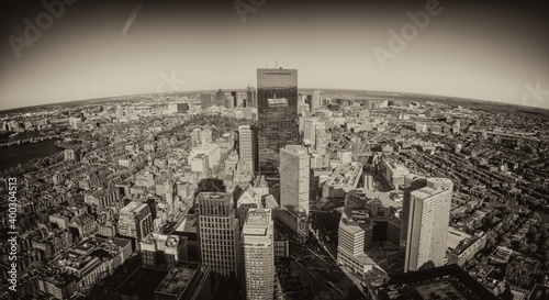 Amazing sunset colors of Boston. Aerial view of city skyline at dusk