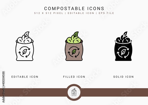 Compostable icons set vector illustration with solid icon line style. Bio decompose concept. Editable stroke icon on isolated background for web design, infographic and UI mobile app.