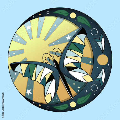Circle illustration with the sun and a butterfly in art nouveau style.