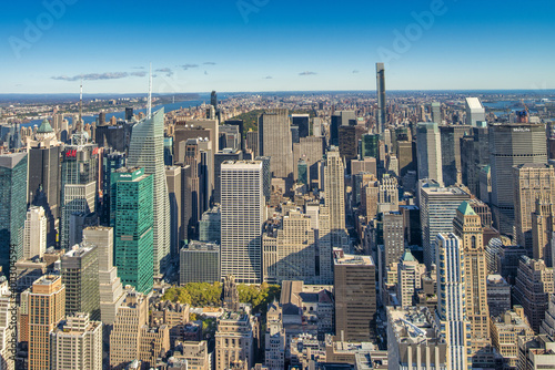 NEW YORK CITY - OCTOBER 2015  Aerial view of Midtown Manhattan on a beautiful autumn day