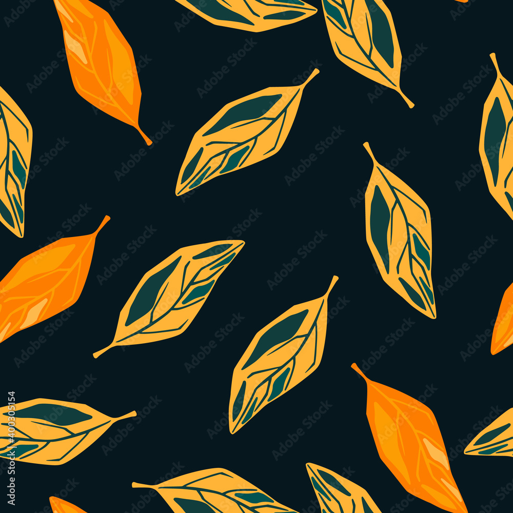 Random seamless abstract creative print with bright orange leaf silhouettes. Black background.