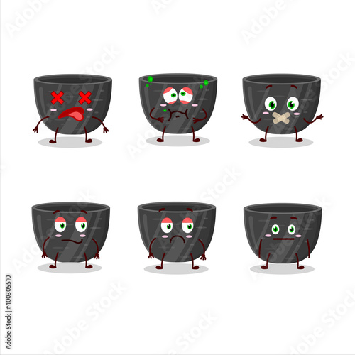 Black ceramic bowl cartoon character with nope expression