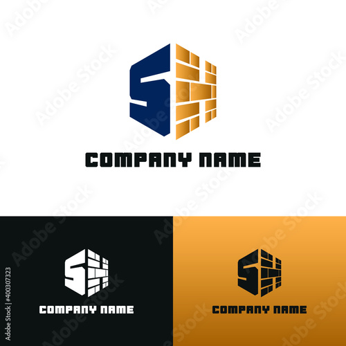 SH initial letter wall brick for construction logo design concept. Repair architecture service business